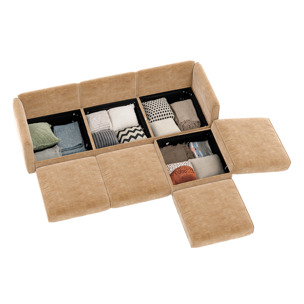 Walker Edison | Canapé élégant en chenille camel avec assise et pouf de rangement