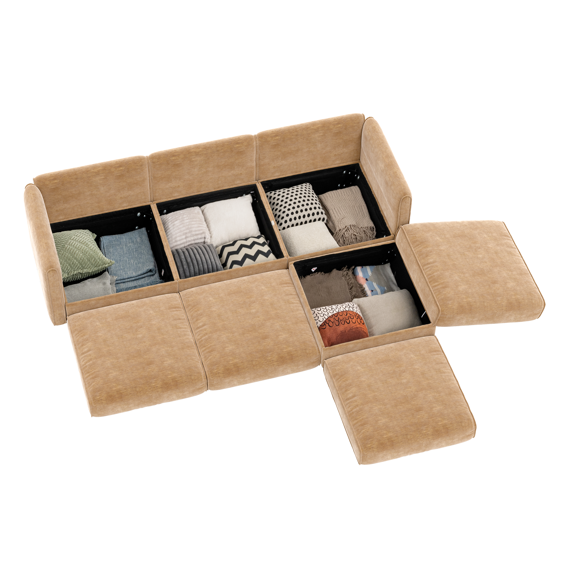 Walker Edison | Canapé élégant en chenille camel avec assise et pouf de rangement