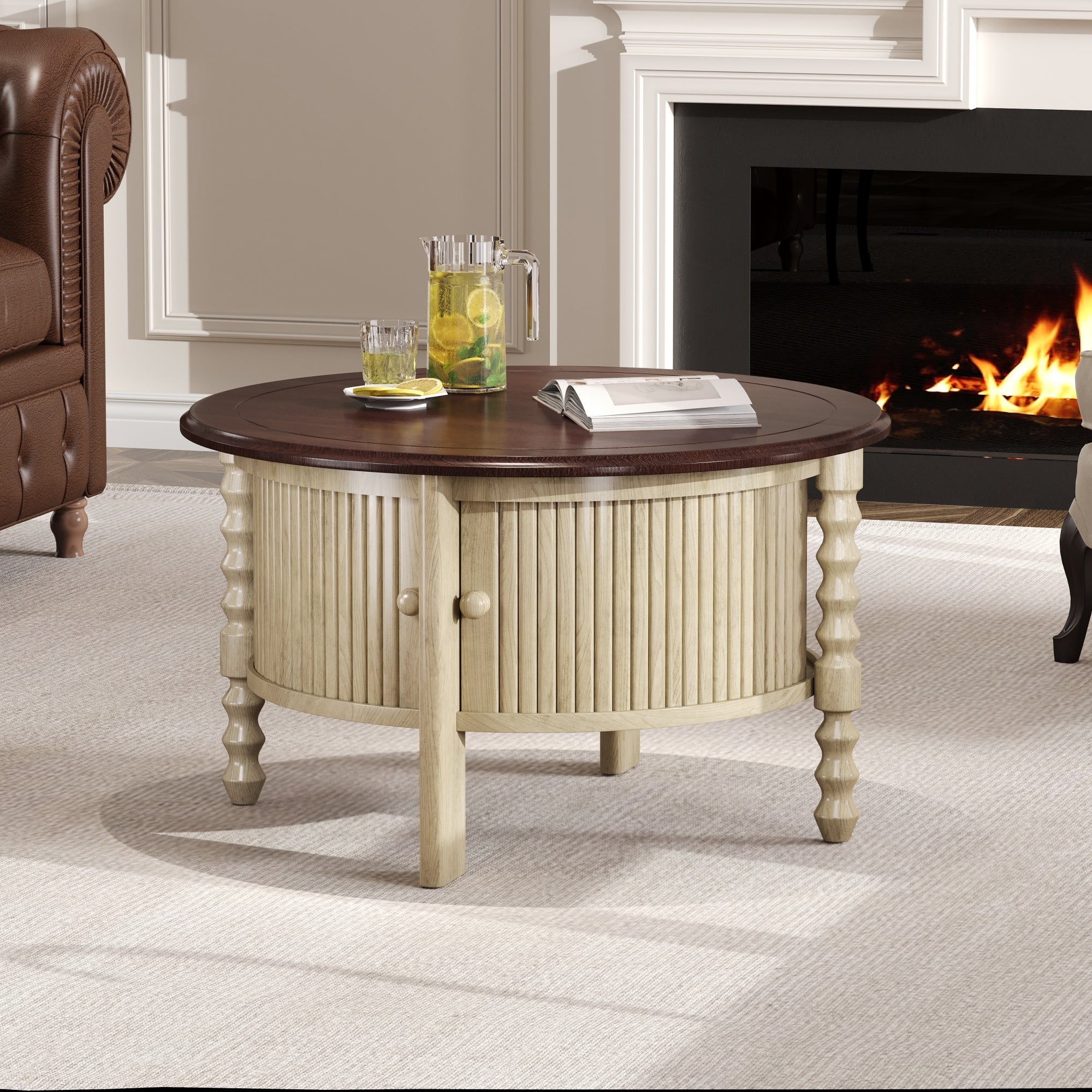 Table basse ronde de style traditionnel de 77 cm avec porte coulissante de rangement