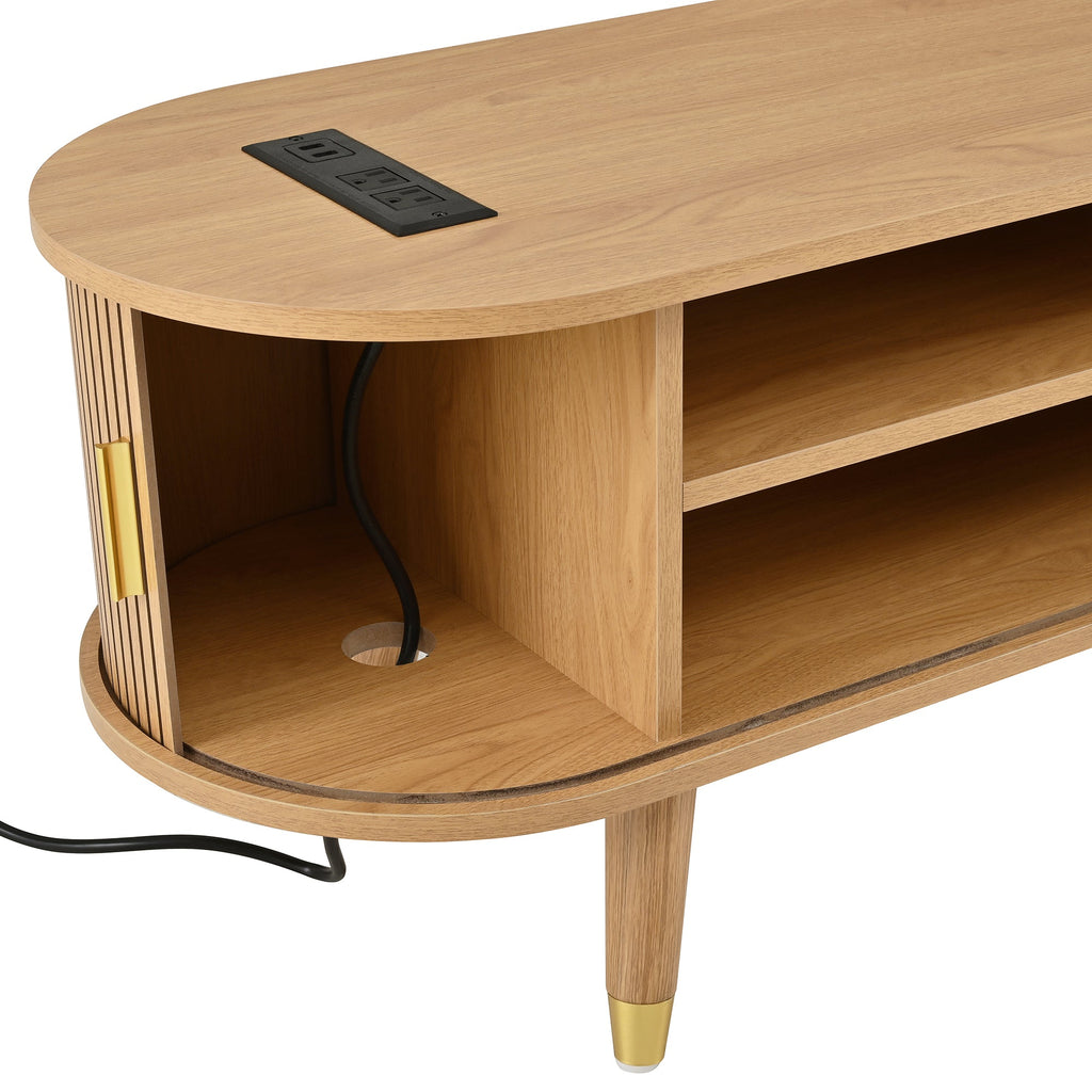 Ensemble de meuble TV et table basse ovales en teck cannelé, design incurvé, 3 pièces, pour téléviseurs jusqu'à 80 pouces. 
