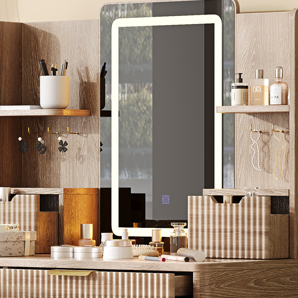 Coiffeuse moderne cannelée avec miroir LED et tabouret