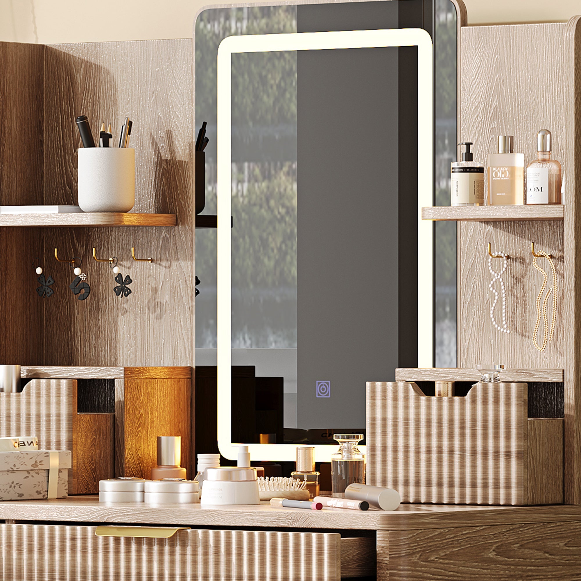 Coiffeuse moderne cannelée avec miroir LED et tabouret