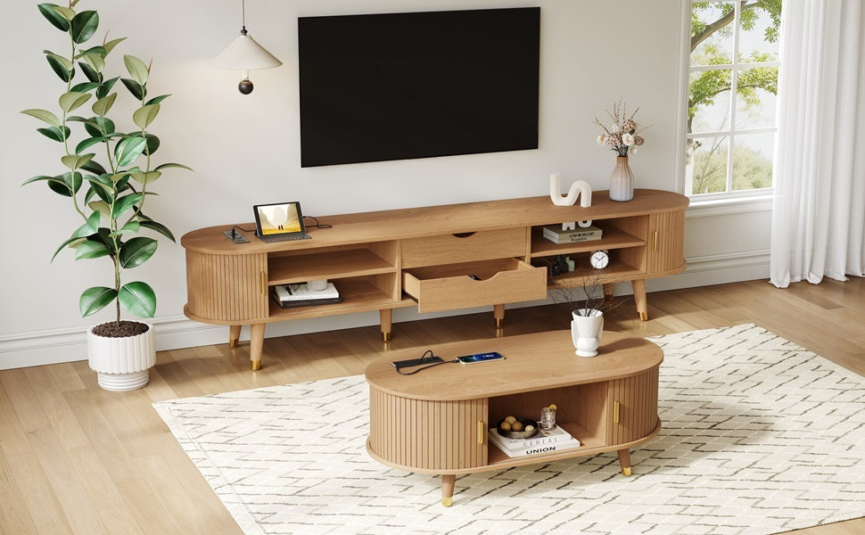 Ensemble de meuble TV et table basse ovales en teck cannelé, design incurvé, 3 pièces, pour téléviseurs jusqu'à 80 pouces. 