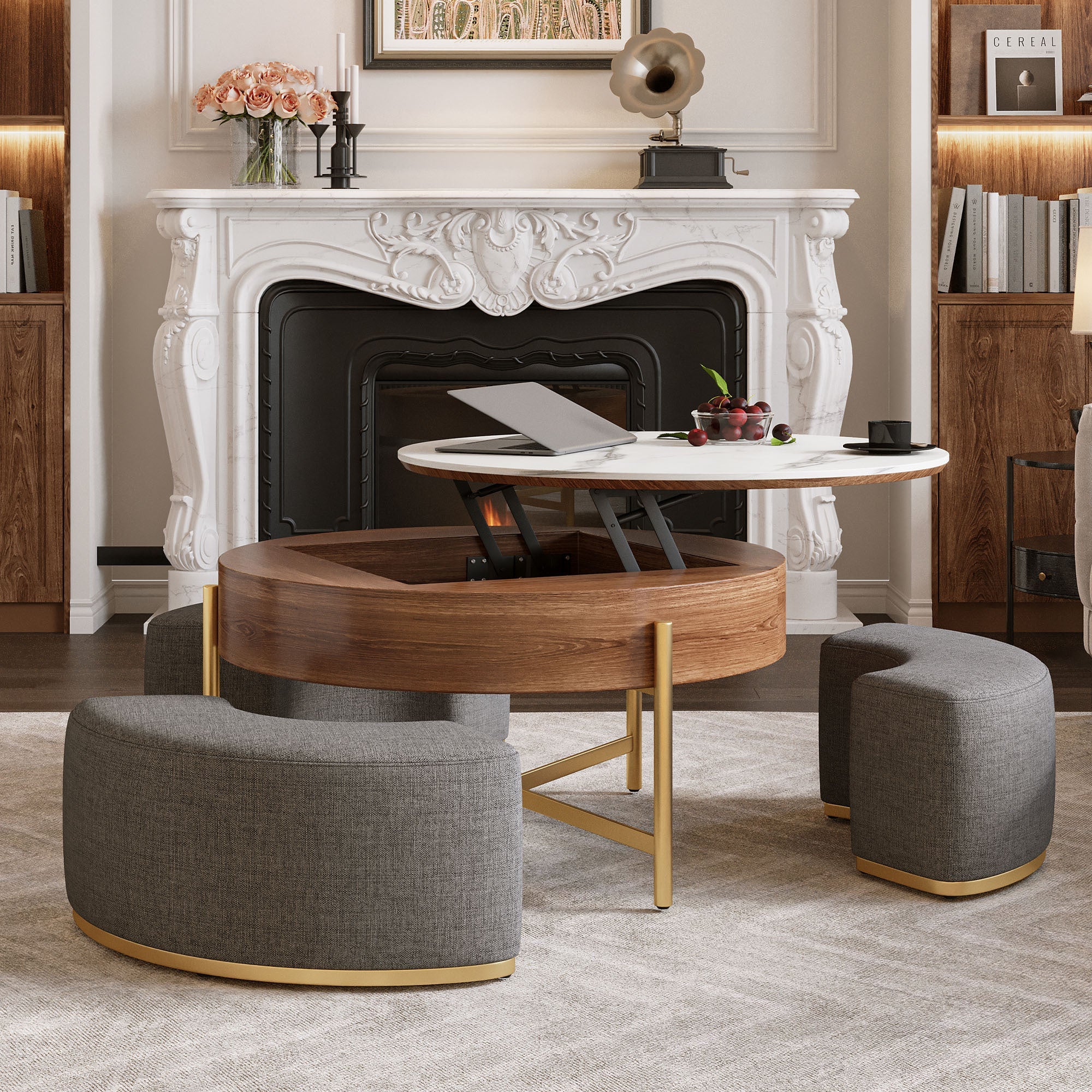 Walker Edison | Table basse ronde moderne à plateau relevable avec rangement et poufs gigognes 