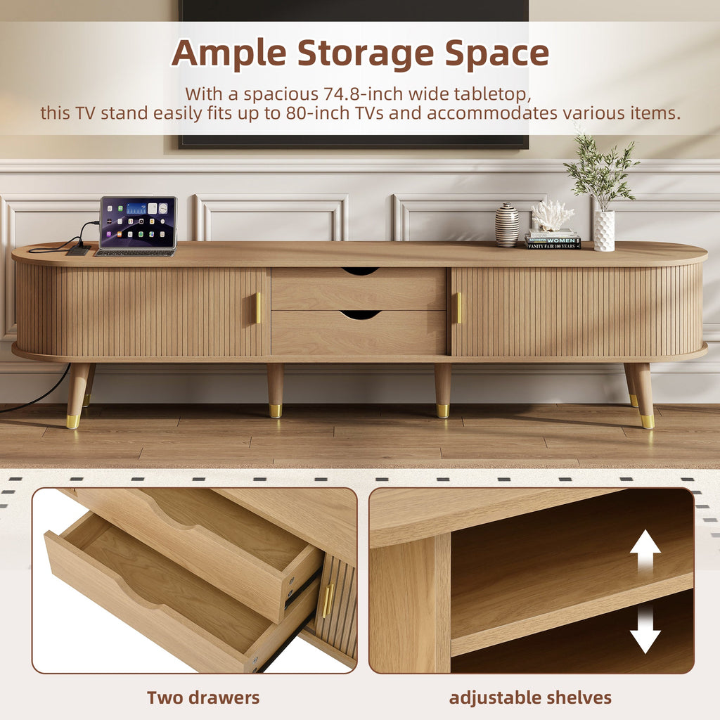 Ensemble de meuble TV et table basse ovales en teck cannelé, design incurvé, 3 pièces, pour téléviseurs jusqu'à 80 pouces. 