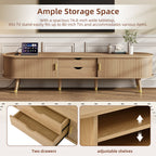 Ensemble de meuble TV et table basse ovales en teck cannelé, design incurvé, 3 pièces, pour téléviseurs jusqu'à 80 pouces. 