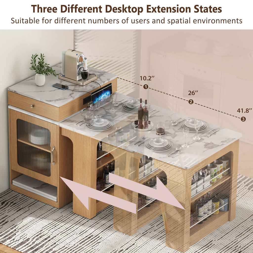 Îlot de cuisine de 181 cm avec table à manger extensible, nombreux rangements et prise électrique