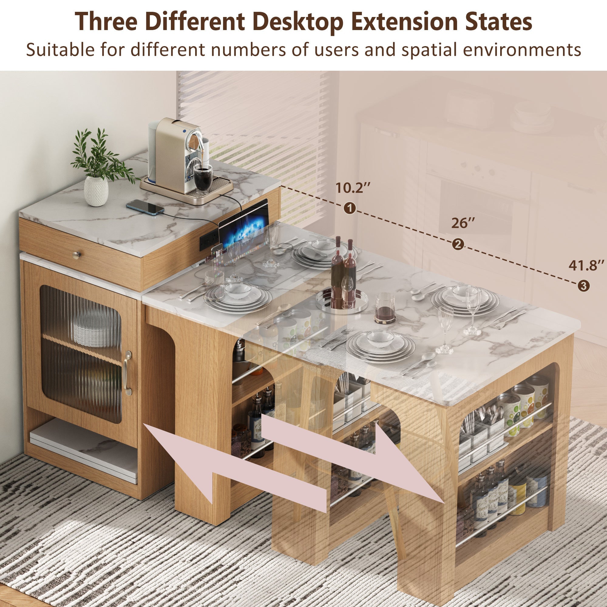 Îlot de cuisine de 181 cm avec table à manger extensible, nombreux rangements et prise électrique