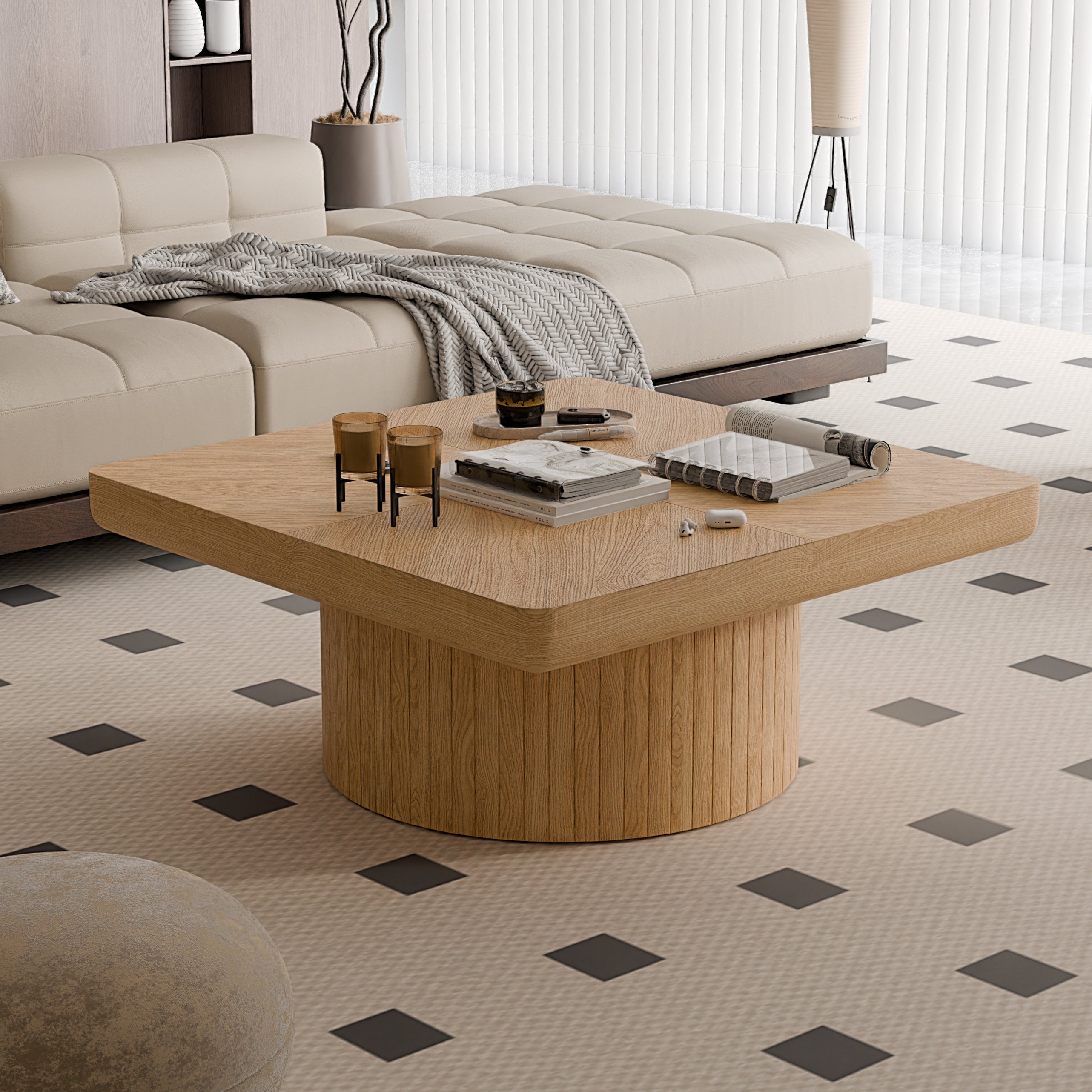 Table basse moderne en placage, 88 cm (34,6 po), piètement cylindrique cannelé carré