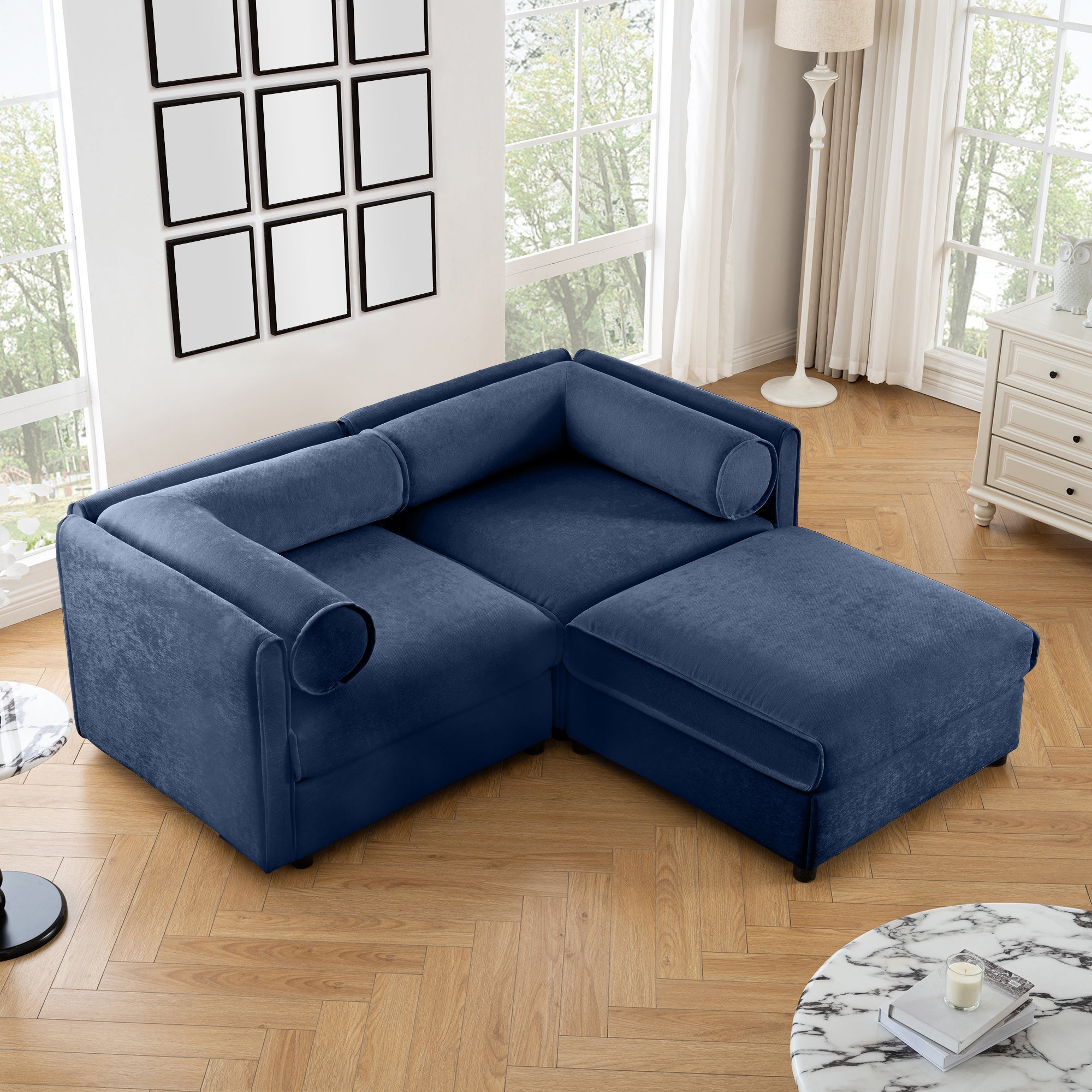Walker Edison | Canapé deux places élégant en chenille bleue avec pouf de rangement