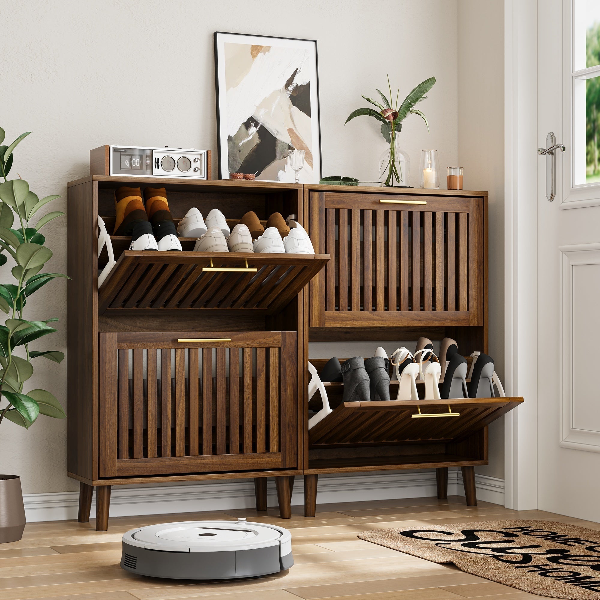 Meuble à chaussures médiéval moderne en noyer, style meuble d'entrée 