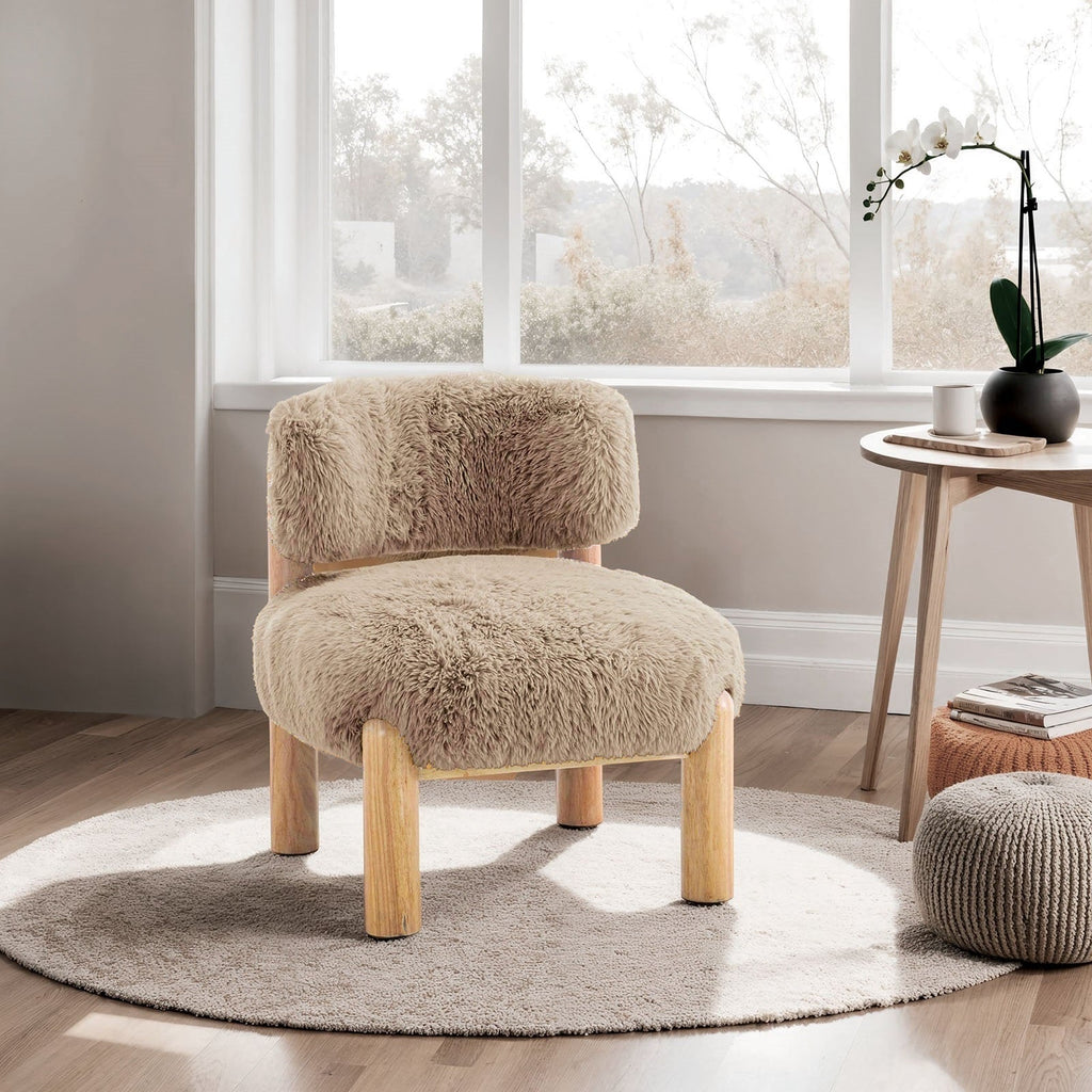 Fauteuil d'appoint contemporain en tissu peluche avec pieds en bois