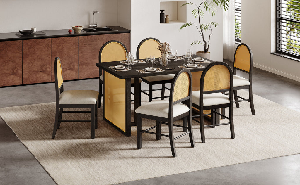 Ensemble de table et chaises de style campagnard en rotin bohème 7 pièces pour 6 personnes