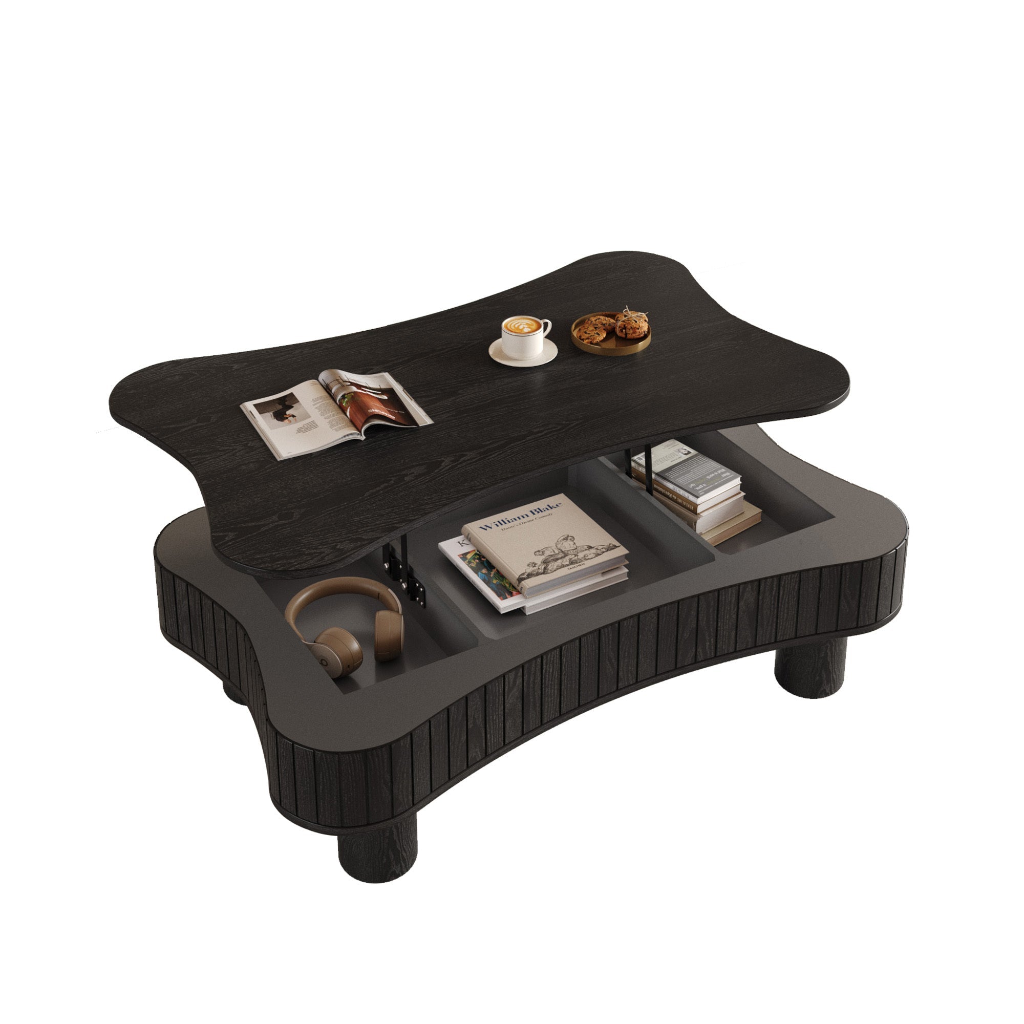 Walker Edison | Table basse et bureau relevables au design incurvé noir cannelé 