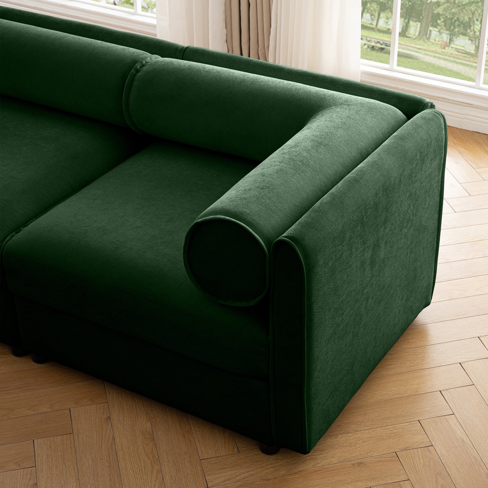 Walker Edison | Élégant canapé d'angle en chenille verte avec assise de rangement et pouf