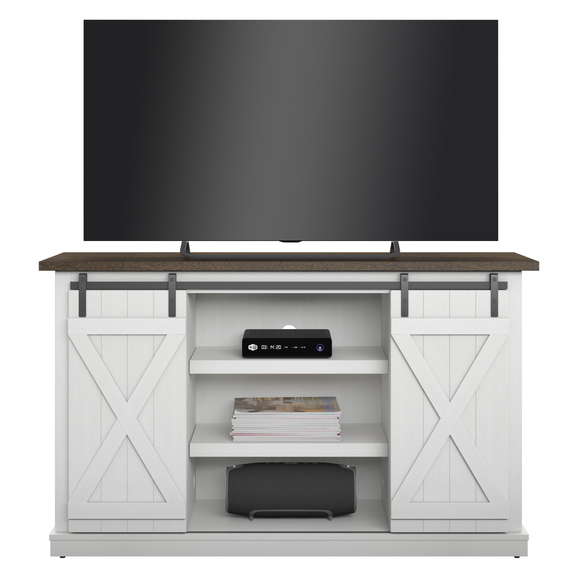Portes coulissantes de style grange, meuble TV en peuplier de 137 cm, console multimédia