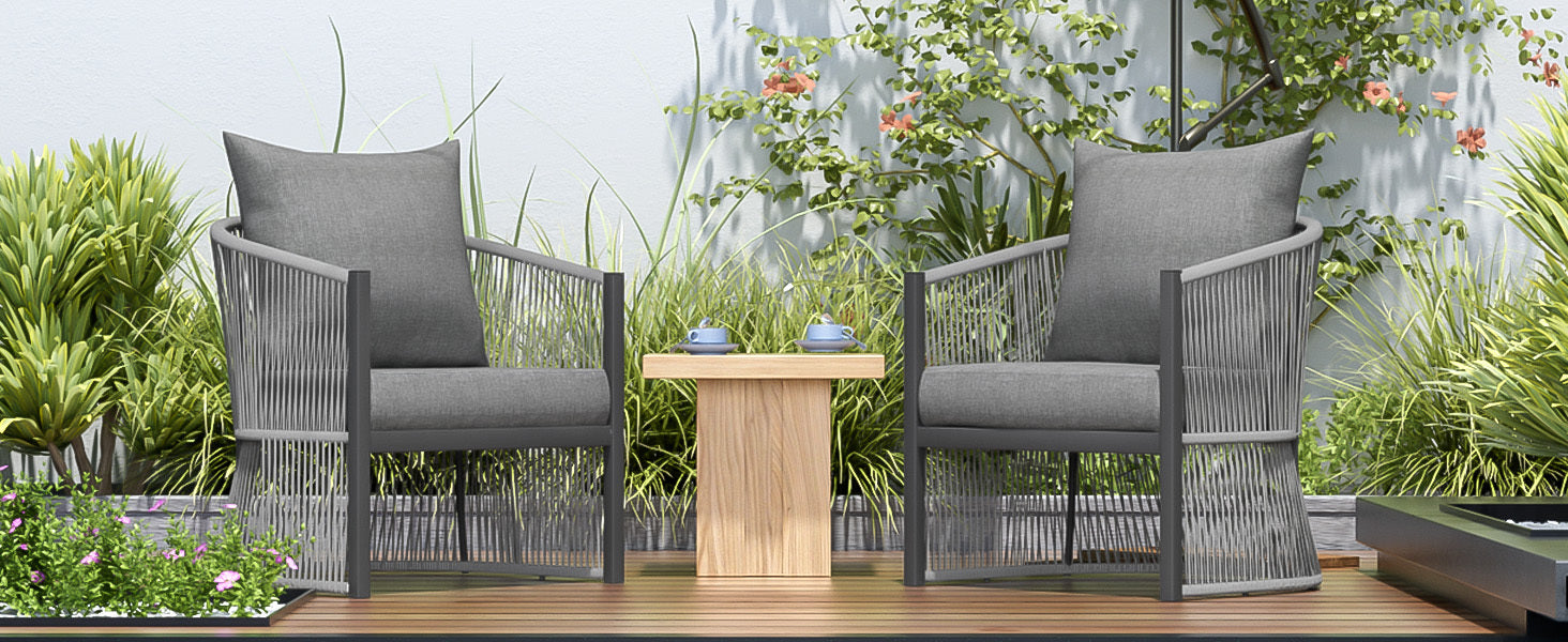 Walker Edison | Ensemble de 2 chaises d'extérieur incurvées élégantes en corde tressée grise