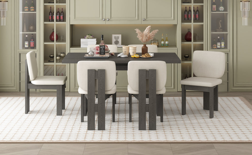 Walker Edison | Ensemble table et chaises rétro en bois 7 pièces pour 6 personnes, 152 cm, avec chaises rembourrées 