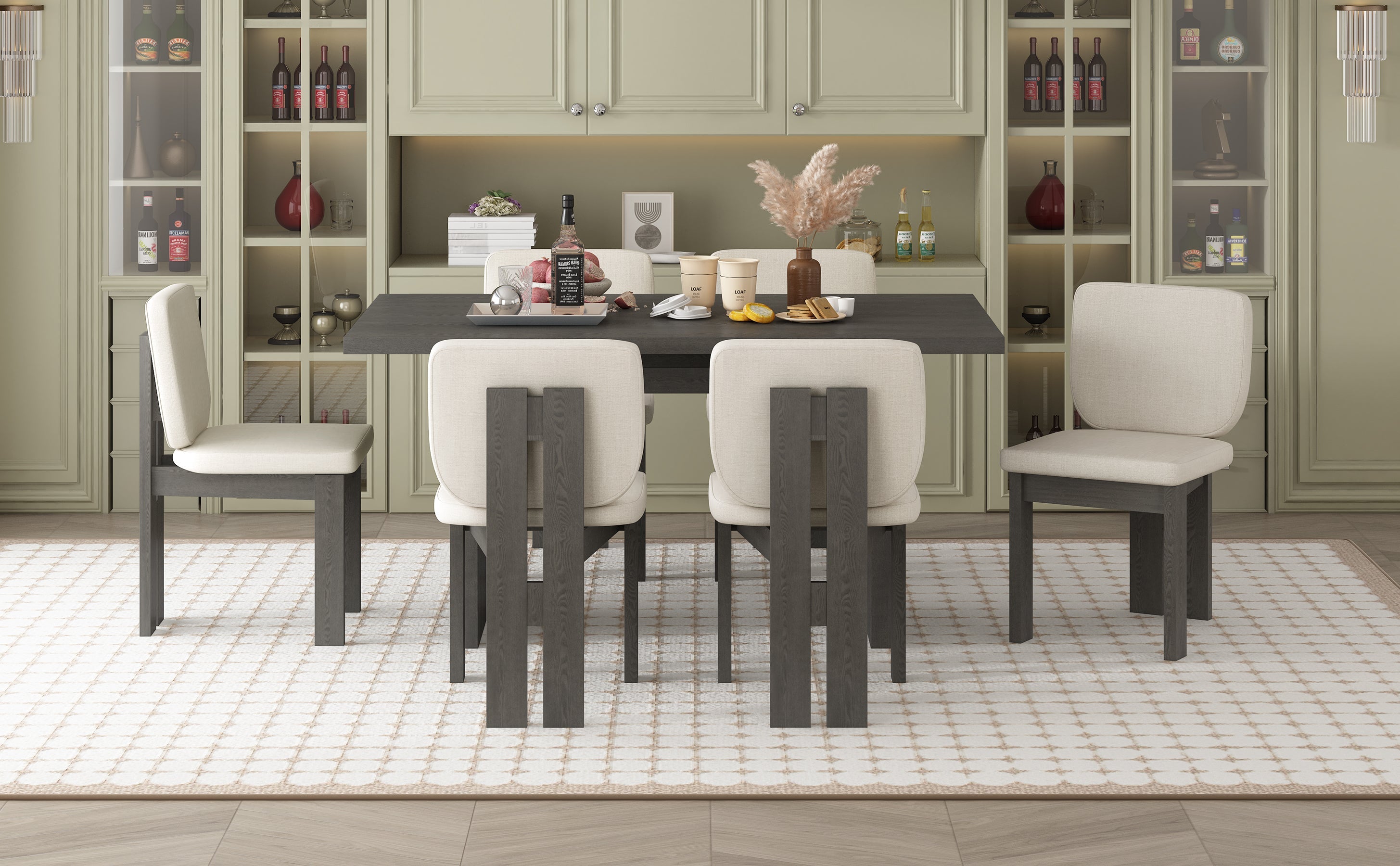 Walker Edison | Ensemble table et chaises rétro en bois 7 pièces pour 6 personnes, 152 cm, avec chaises rembourrées 