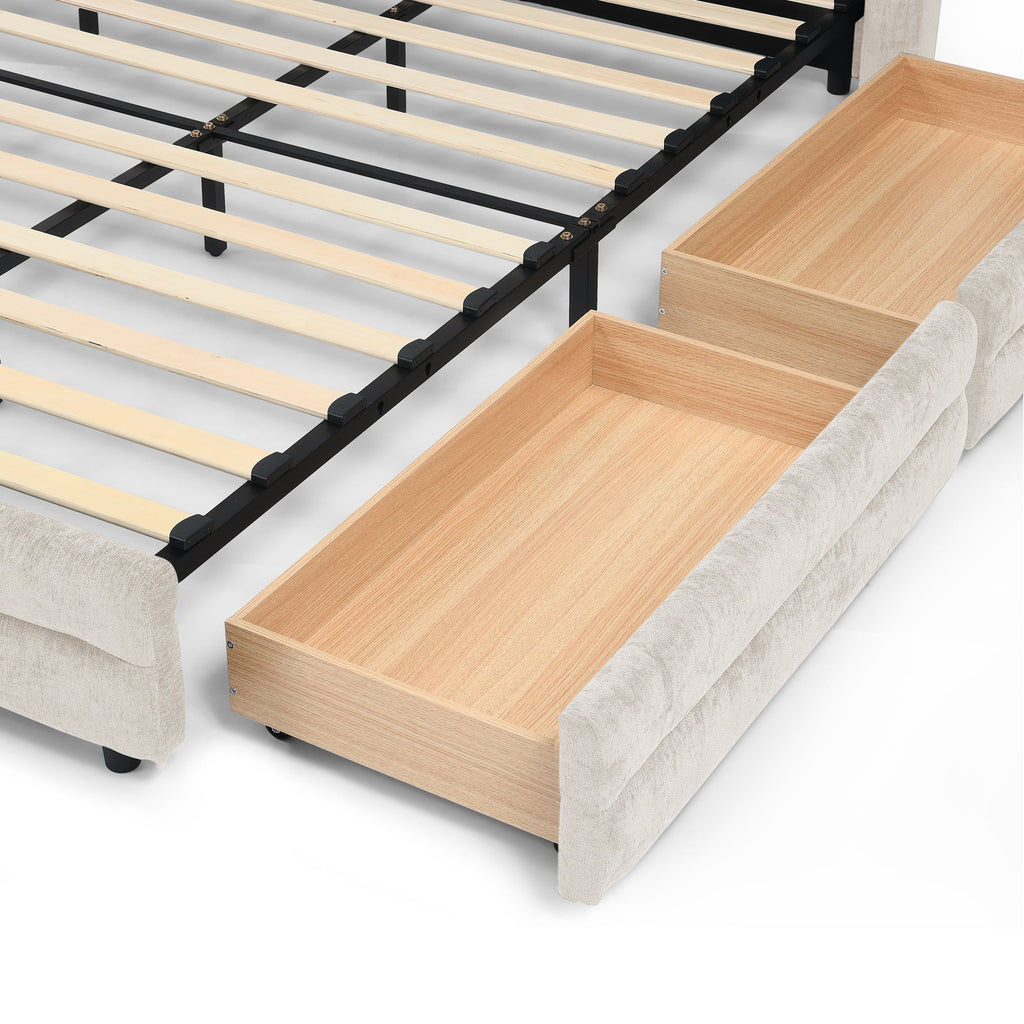 Cadre de lit rembourré en chenille, format queen, avec tiroirs 