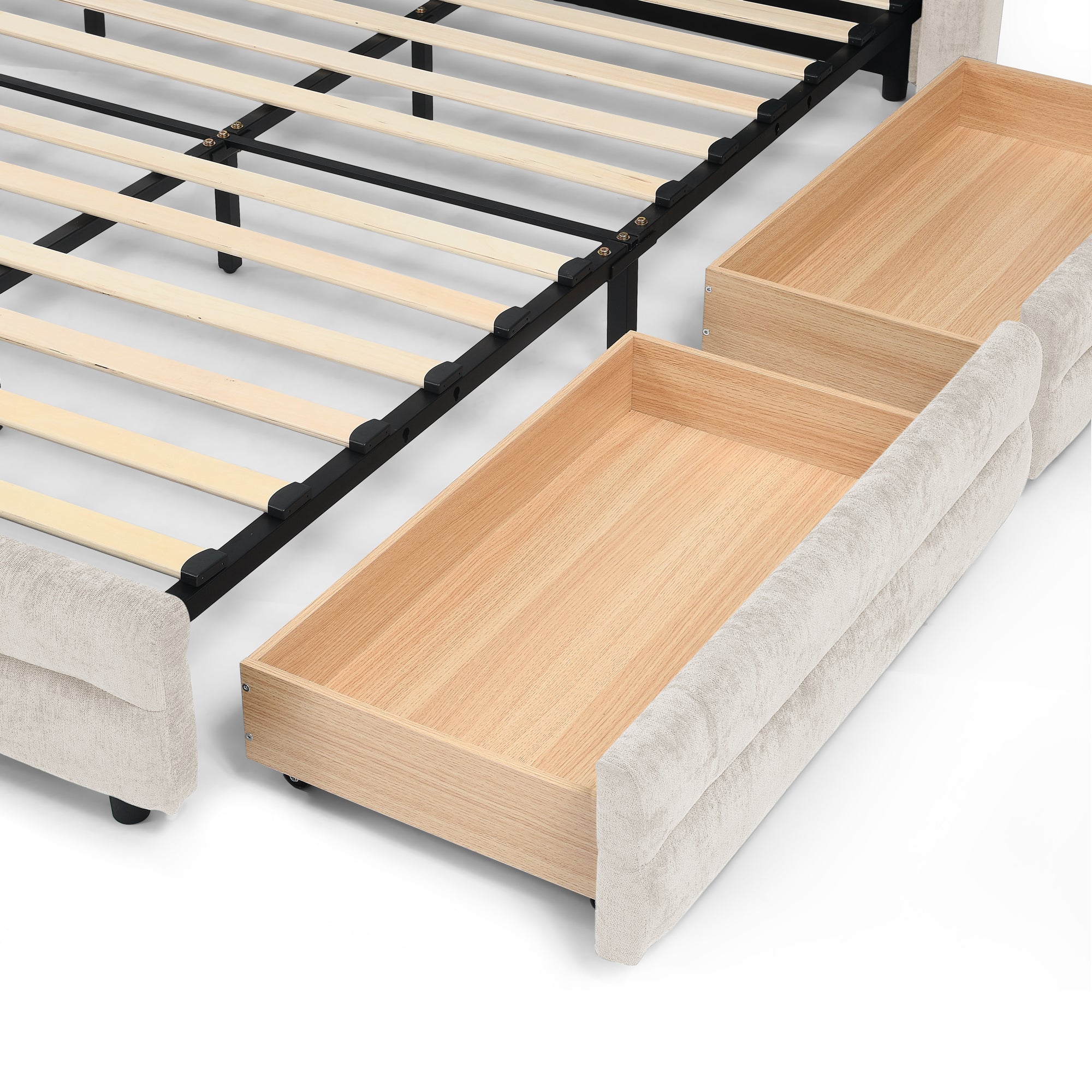 Cadre de lit rembourré en chenille, format queen, avec tiroirs 