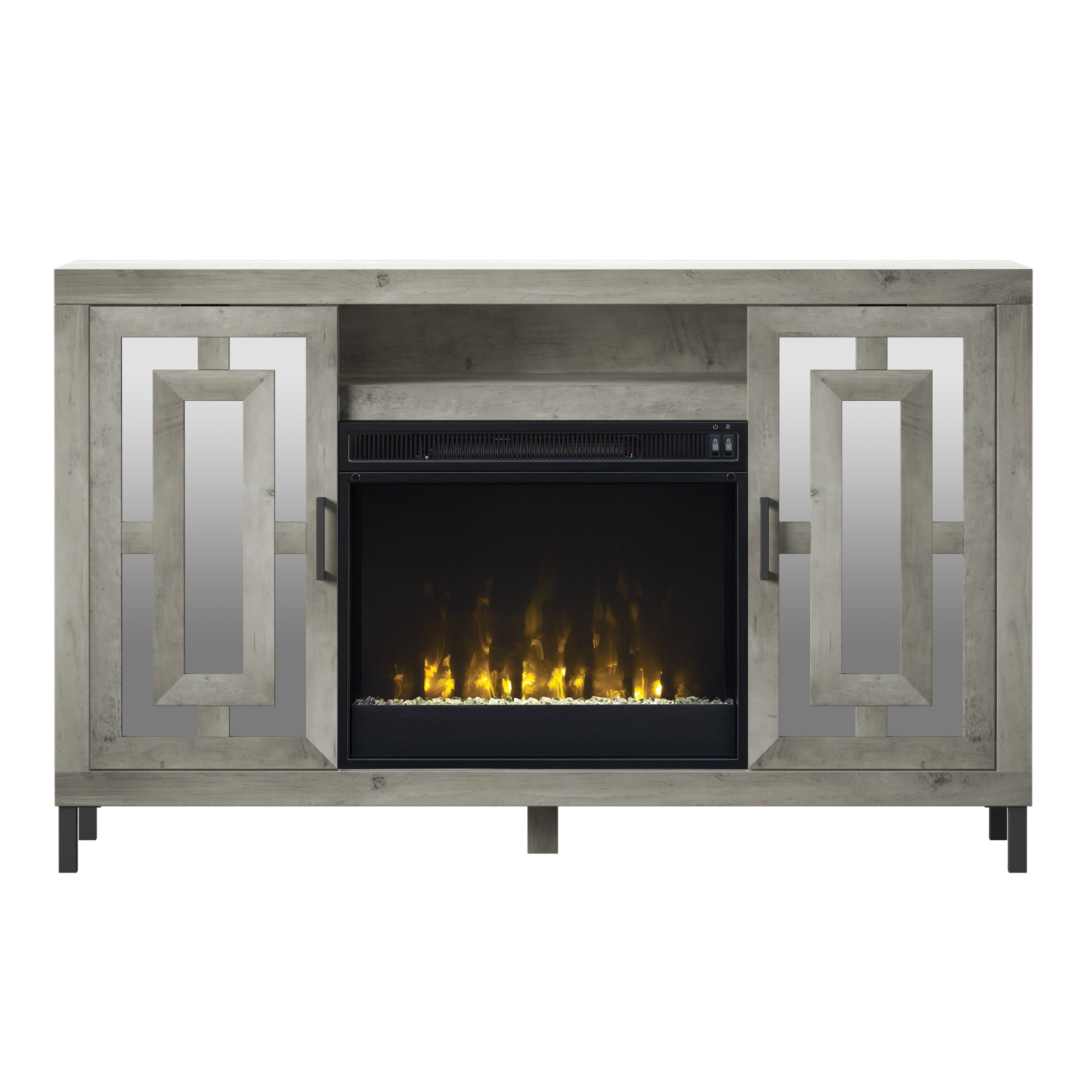 Meuble TV avec porte miroir et cheminée électrique 23 pouces, console multimédia