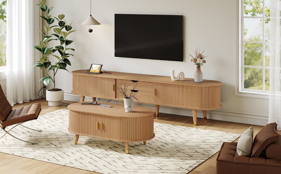 Ensemble de meuble TV et table basse ovales en teck cannelé, design incurvé, 3 pièces, pour téléviseurs jusqu'à 80 pouces. 