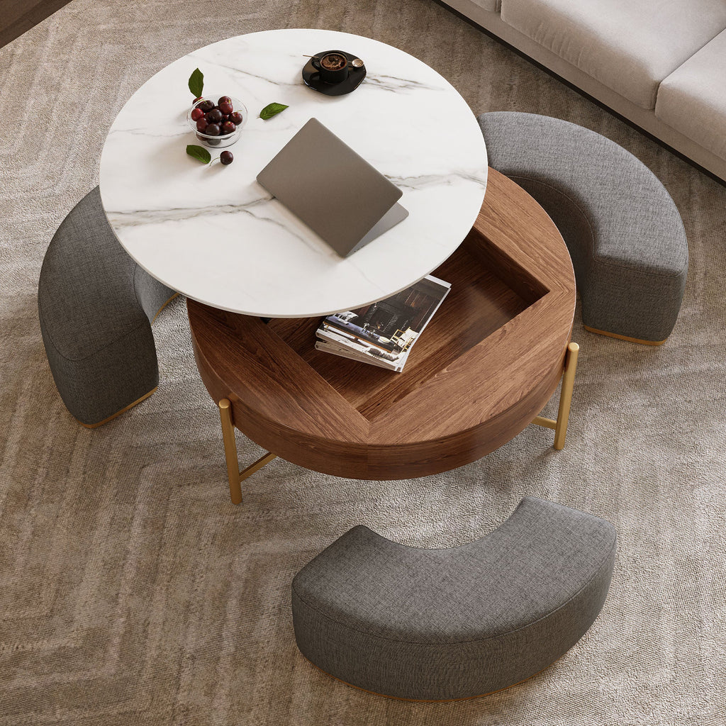 Walker Edison | Table basse ronde moderne à plateau relevable avec rangement et poufs gigognes 