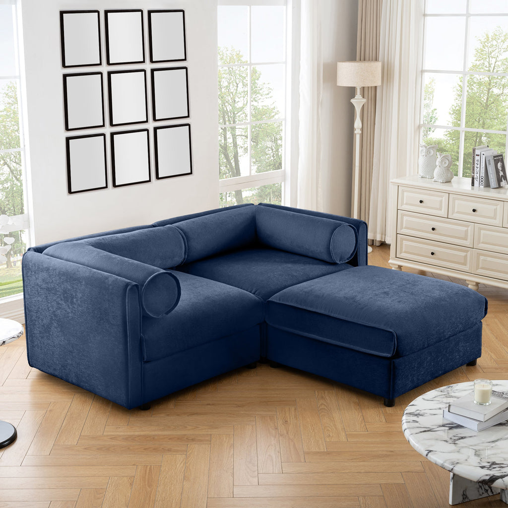 Walker Edison | Canapé deux places élégant en chenille bleue avec pouf de rangement