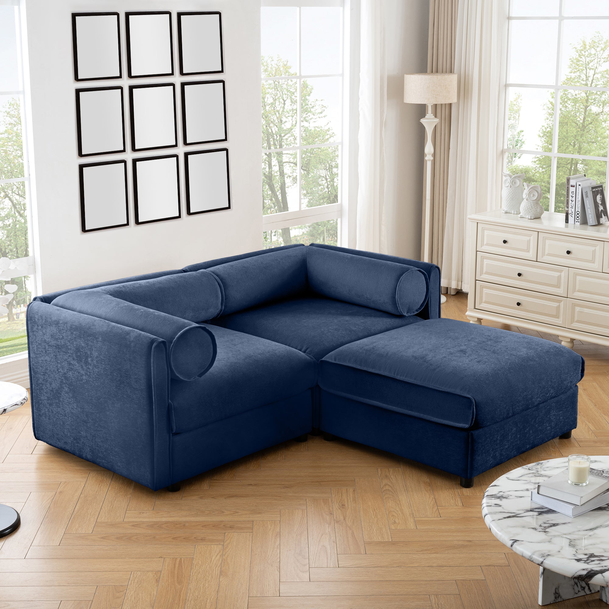 Walker Edison | Canapé deux places élégant en chenille bleue avec pouf de rangement