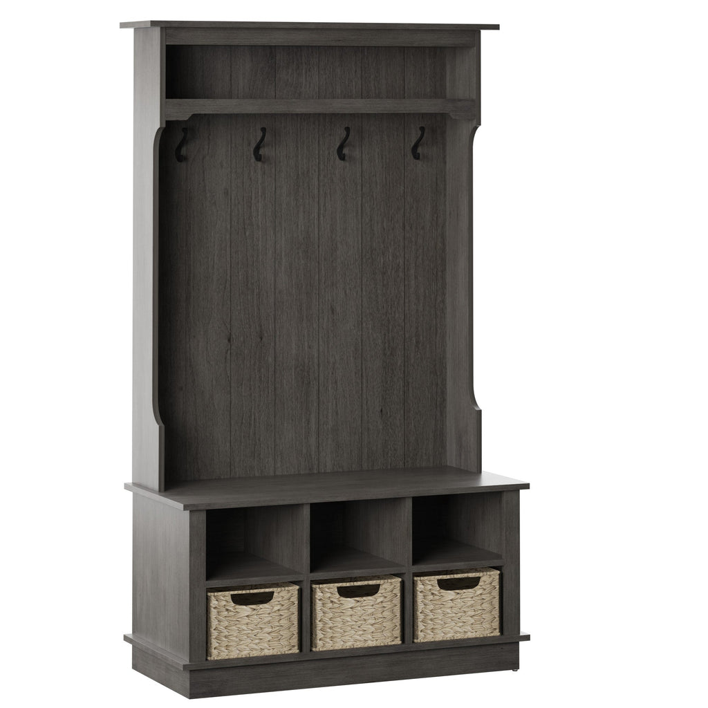 Porte-manteau d'entrée avec paniers et rangements ouverts