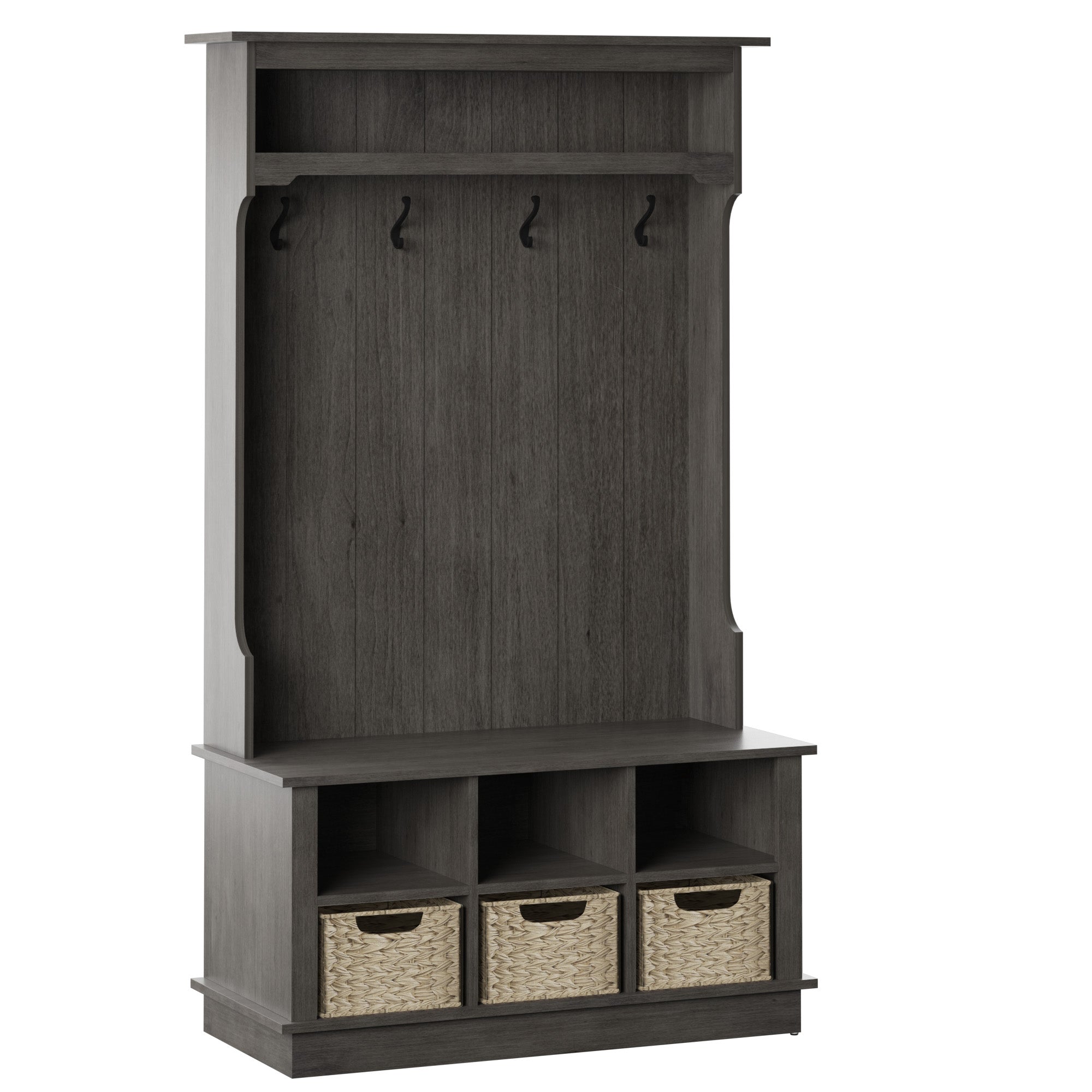 Porte-manteau d'entrée avec paniers et rangements ouverts