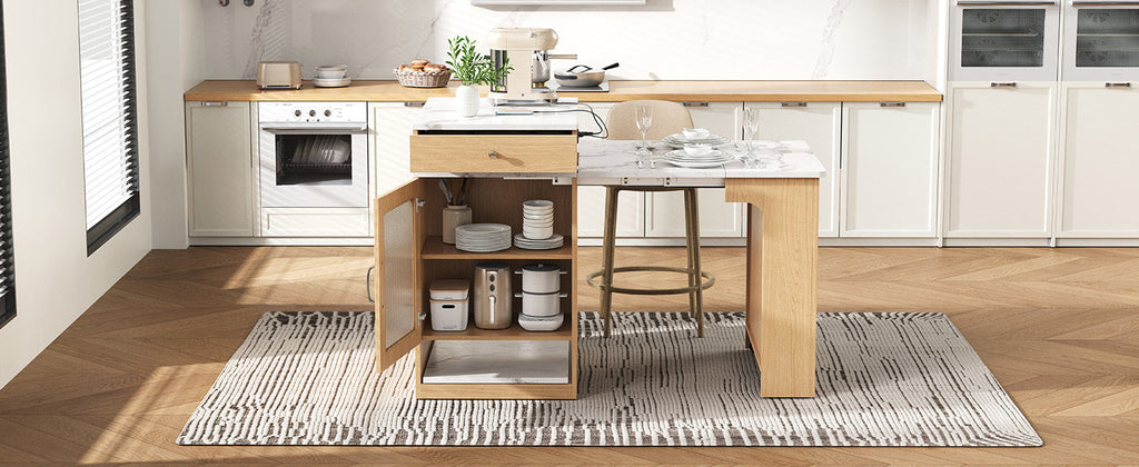 Îlot de cuisine de 181 cm avec table à manger extensible, nombreux rangements et prise électrique