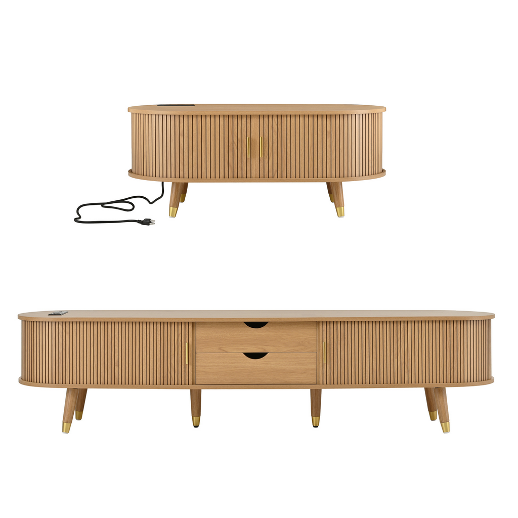 Ensemble de meuble TV et table basse ovales en teck cannelé, design incurvé, 3 pièces, pour téléviseurs jusqu'à 80 pouces. 