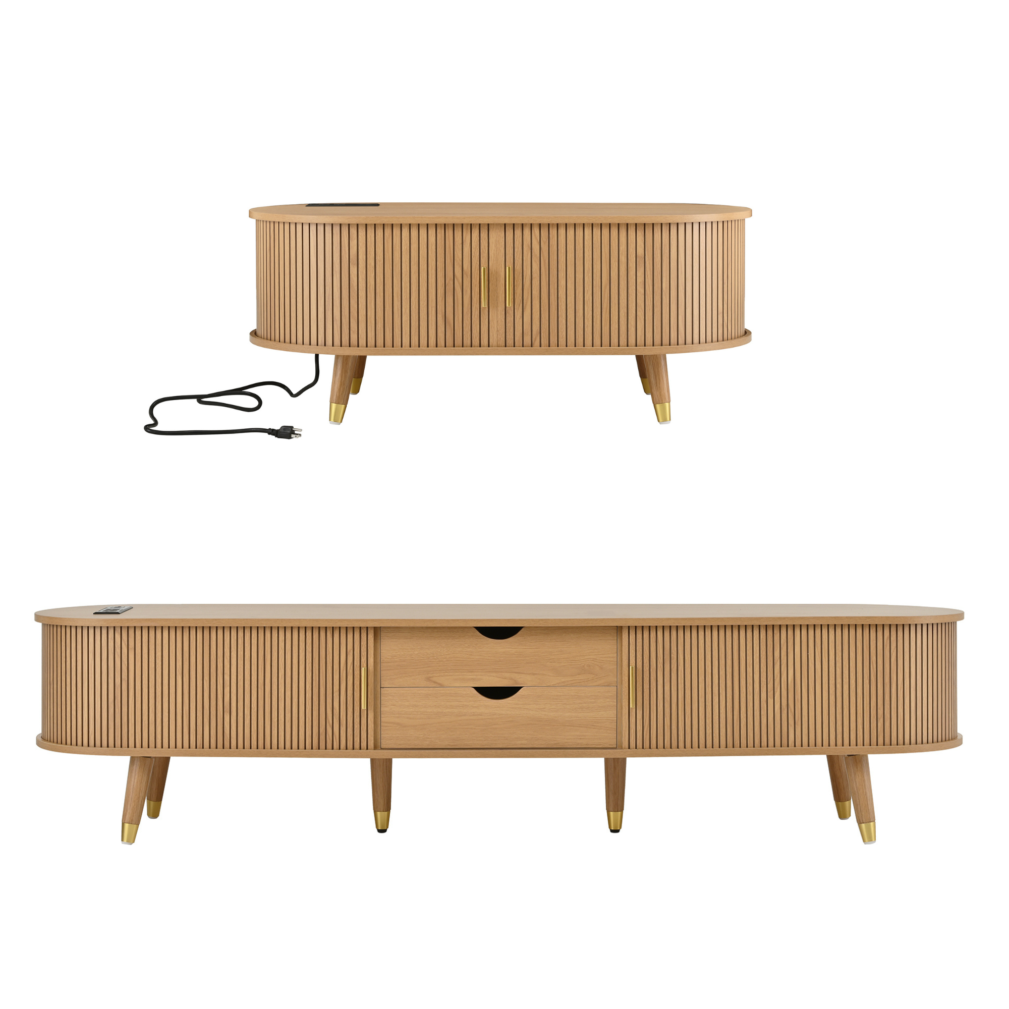 Ensemble de meuble TV et table basse ovales en teck cannelé, design incurvé, 3 pièces, pour téléviseurs jusqu'à 80 pouces. 