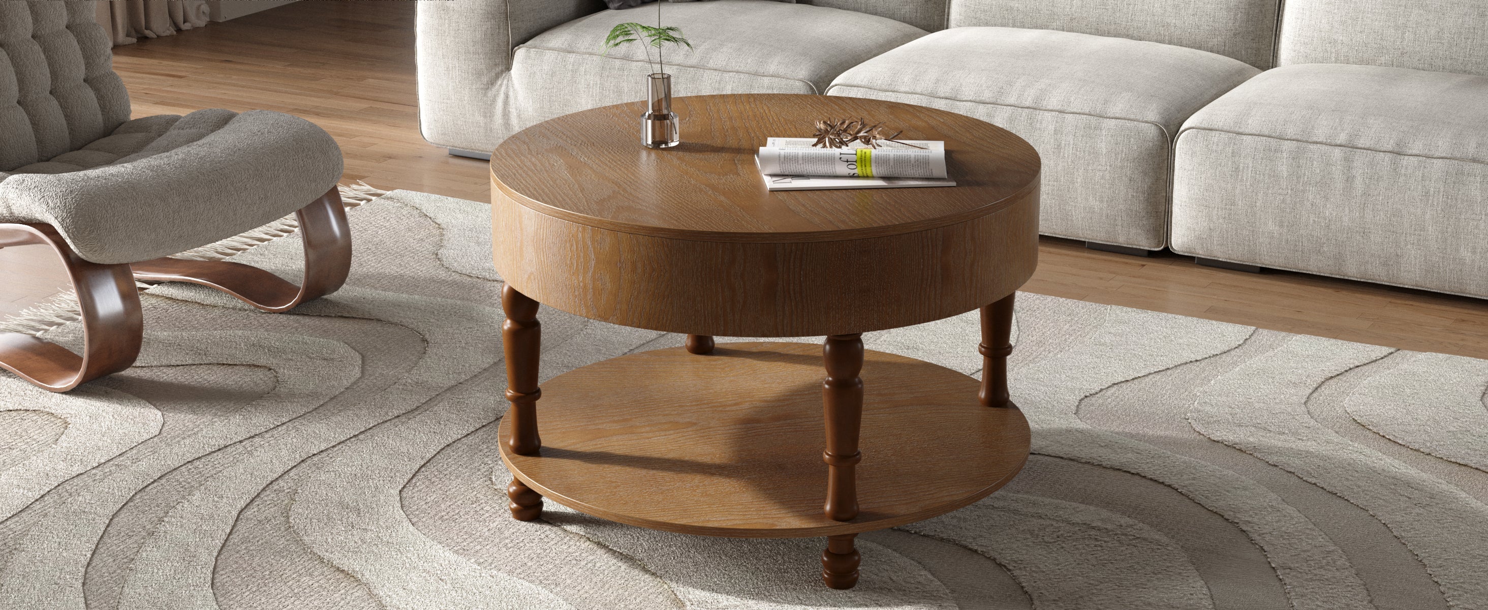 Walker Edison | Table basse ronde traditionnelle surélevée de 80 cm avec double rangement 