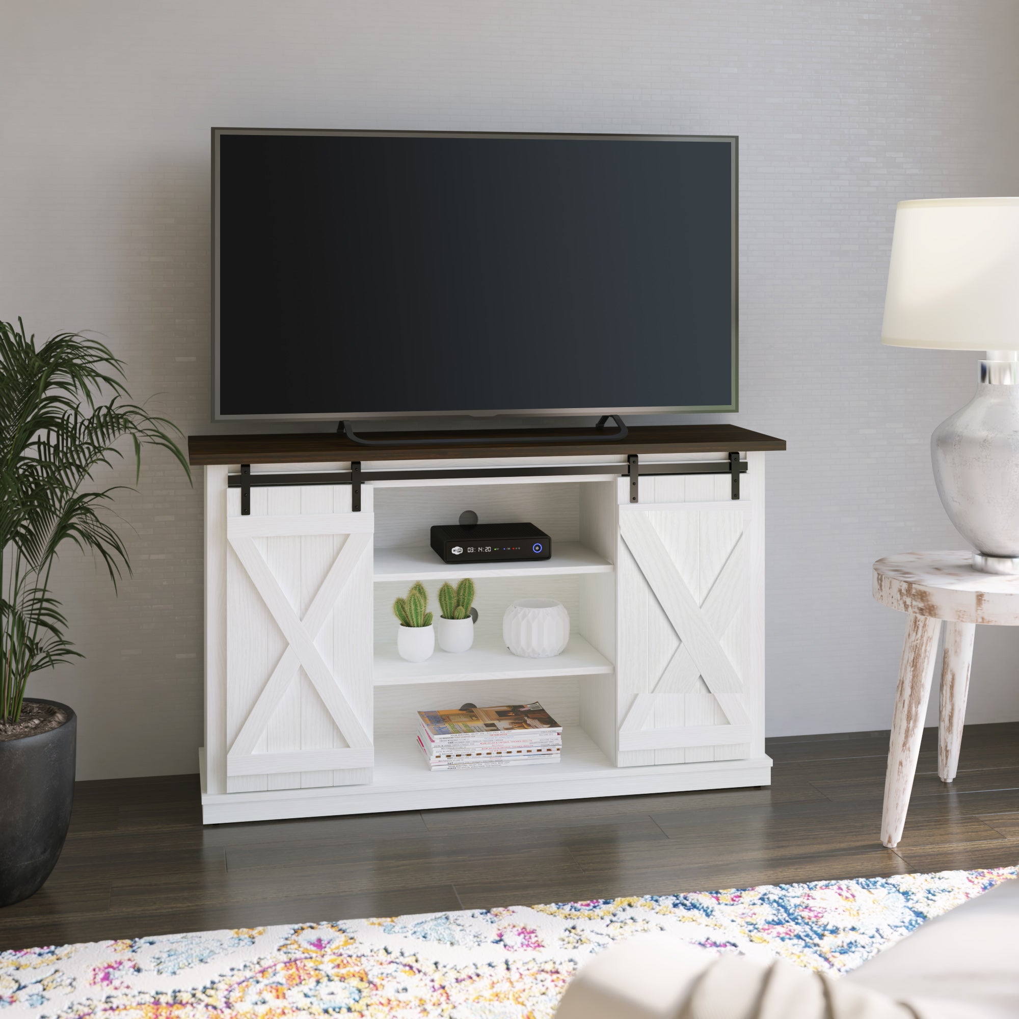 Portes coulissantes de style grange, meuble TV en peuplier de 137 cm, console multimédia