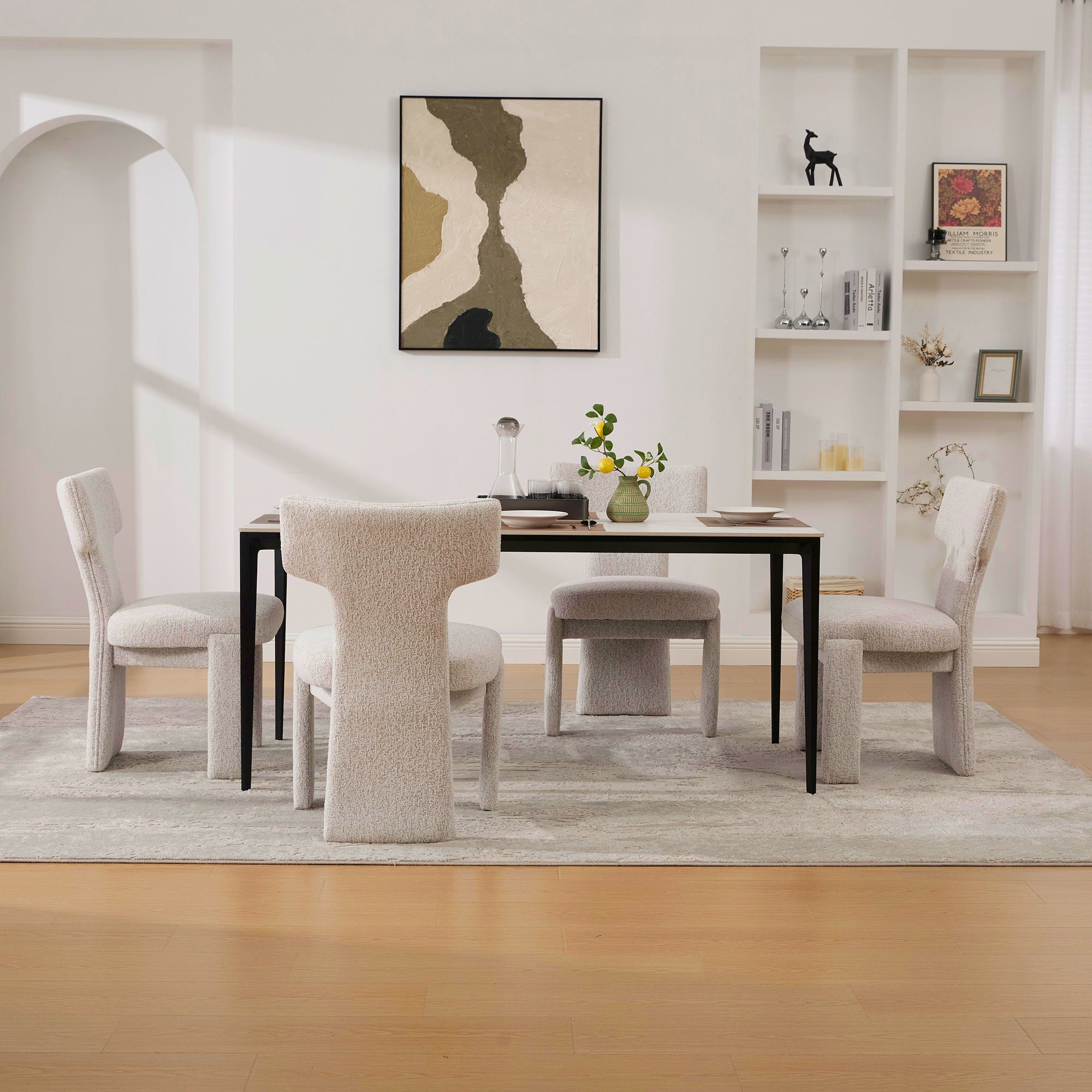 Ensemble de 4 chaises de salle à manger modernes et larges en chenille rembourrée, au design incurvé 