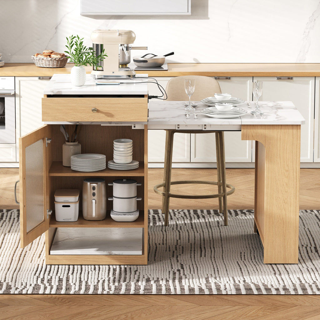 Îlot de cuisine de 181 cm avec table à manger extensible, nombreux rangements et prise électrique