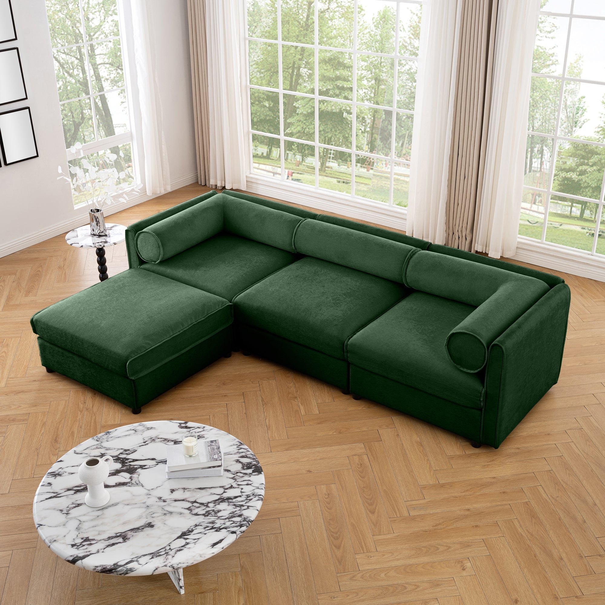 Walker Edison | Élégant canapé d'angle en chenille verte avec assise de rangement et pouf