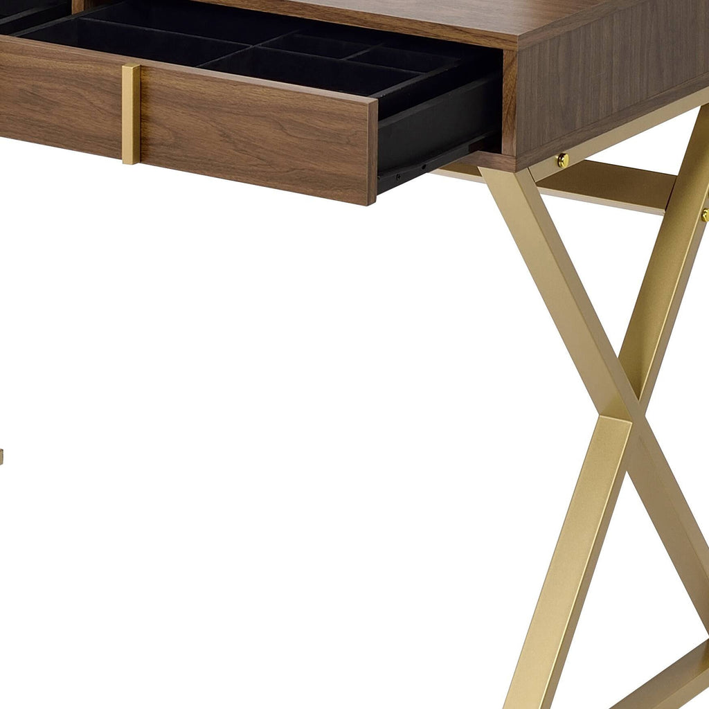 Walker Edison | Coiffeuse moderne en noyer et or avec miroir et plateau à bijoux 