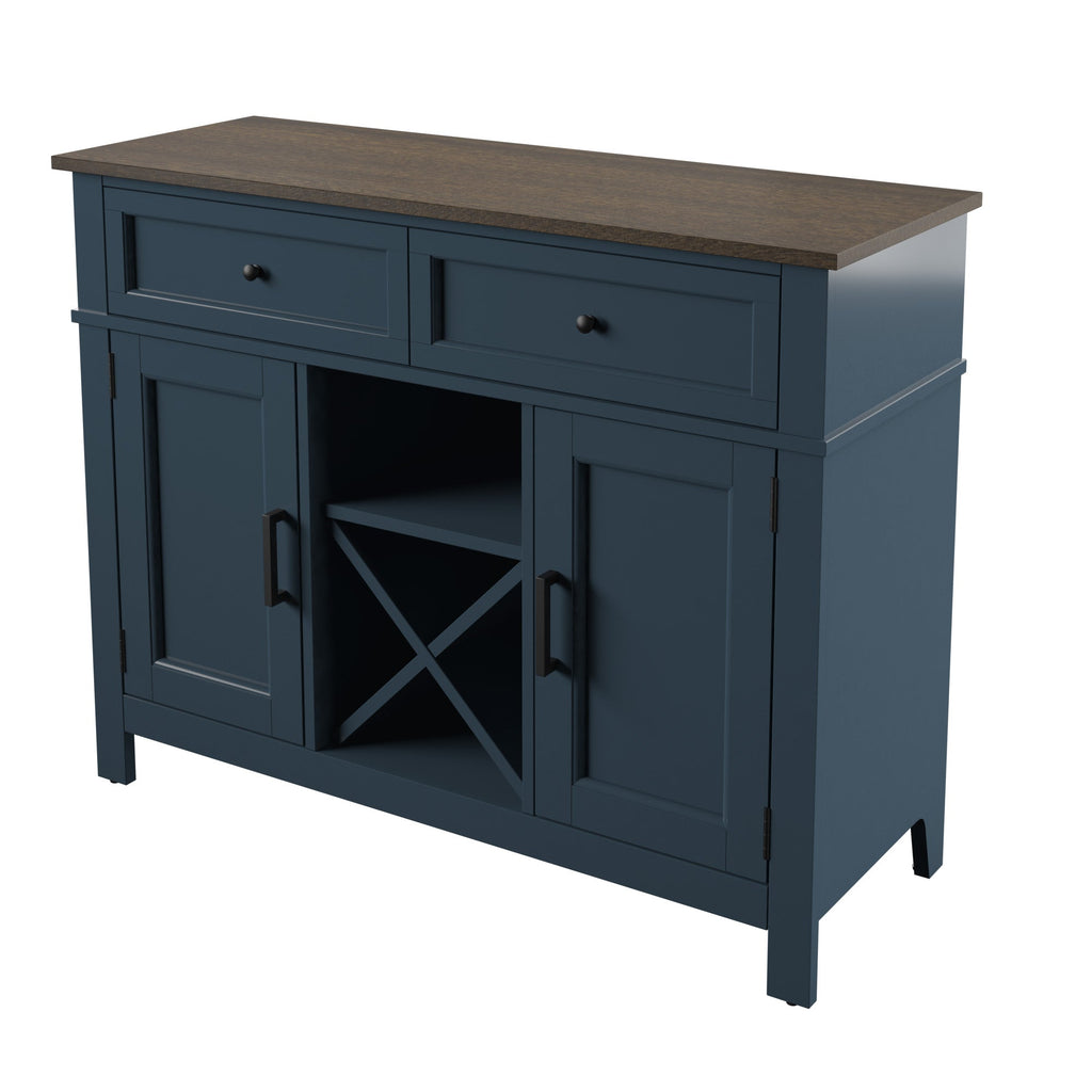 Buffet de style campagnard avec étagères à vin et rangement pour verres à pied