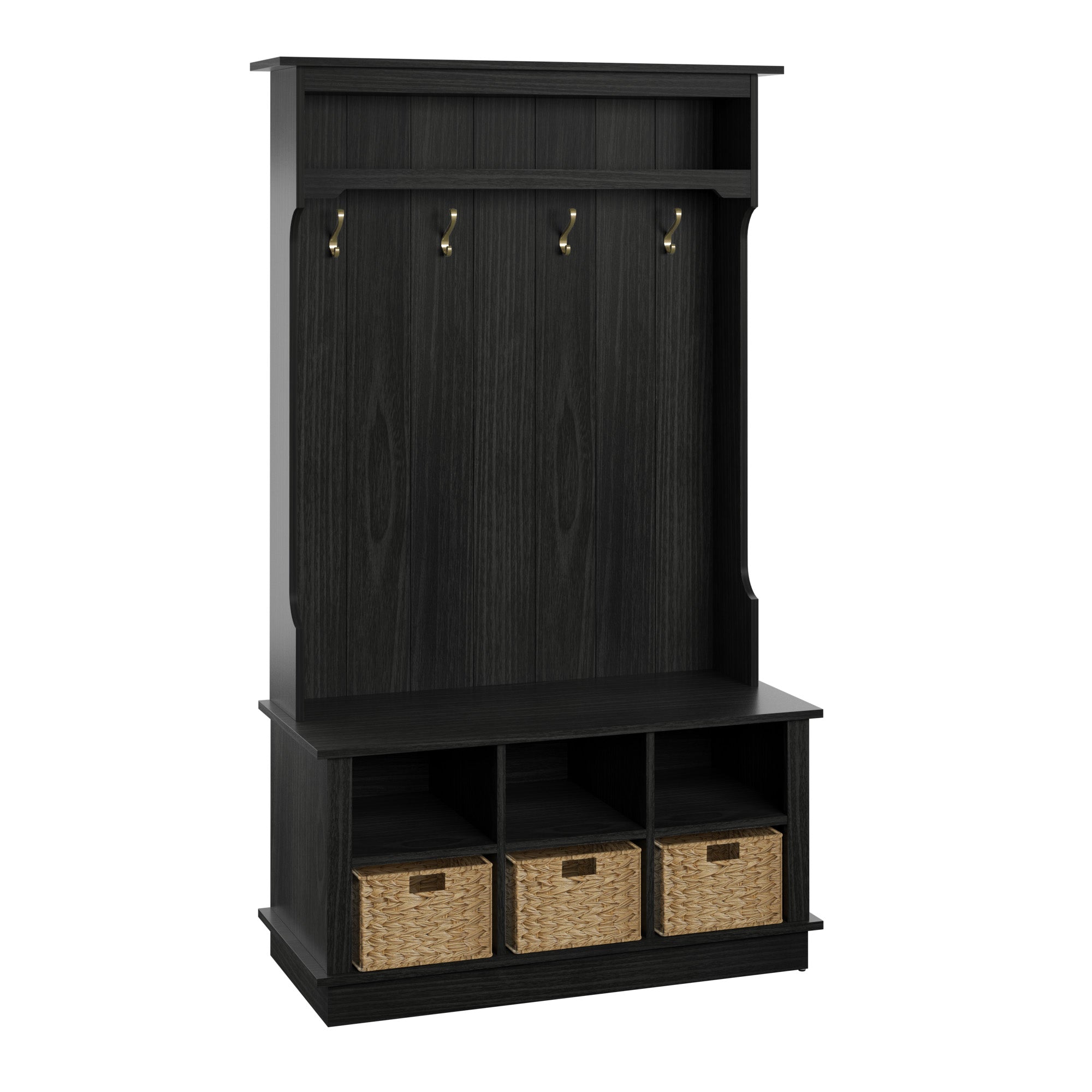 Porte-manteau d'entrée avec paniers et rangements ouverts