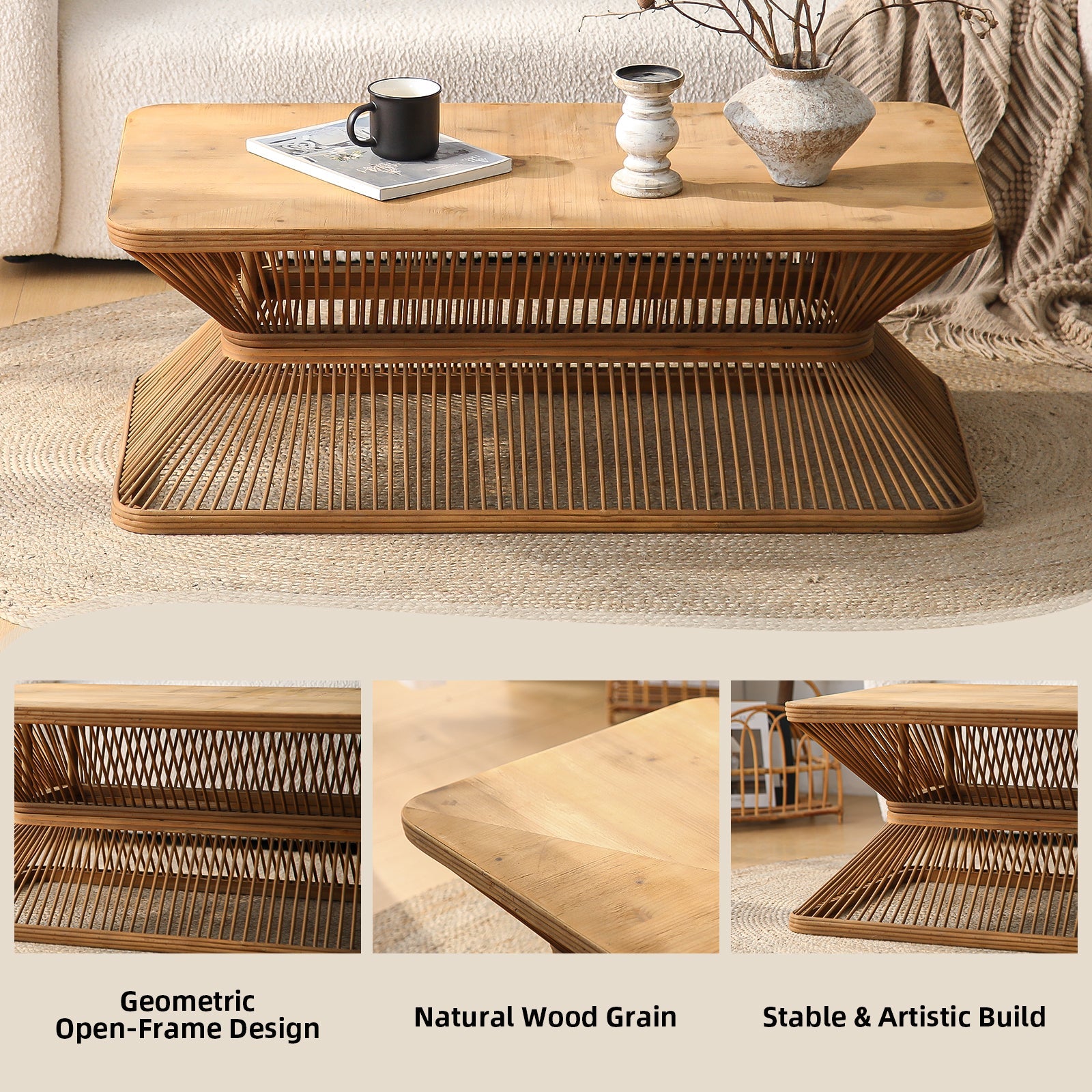 Table basse moderne de style Mid-Century avec piètement en bambou tressé 