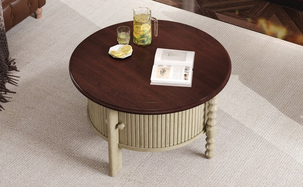 Table basse ronde de style traditionnel de 77 cm avec porte coulissante de rangement