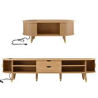 Ensemble de meuble TV et table basse ovales en teck cannelé, design incurvé, 3 pièces, pour téléviseurs jusqu'à 80 pouces. 