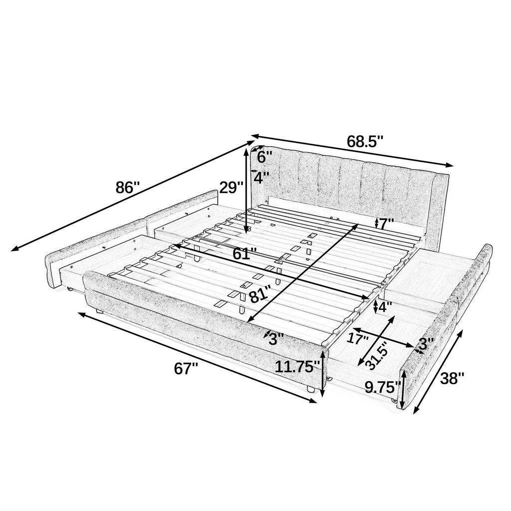 Cadre de lit rembourré en chenille, format queen, avec tiroirs 