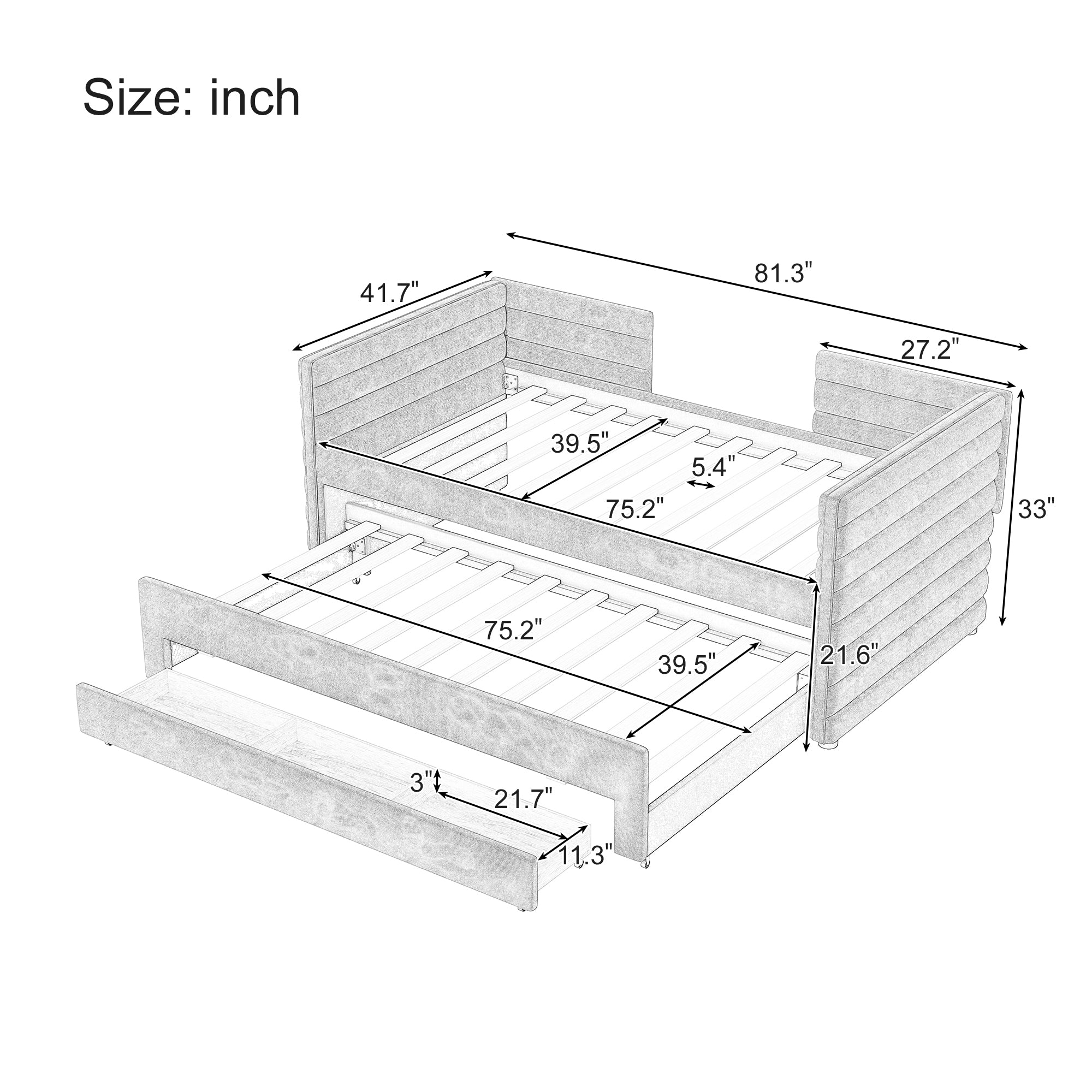 Walker Edison | Lit de jour rembourré deux places avec lit gigogne et 3 tiroirs de rangement