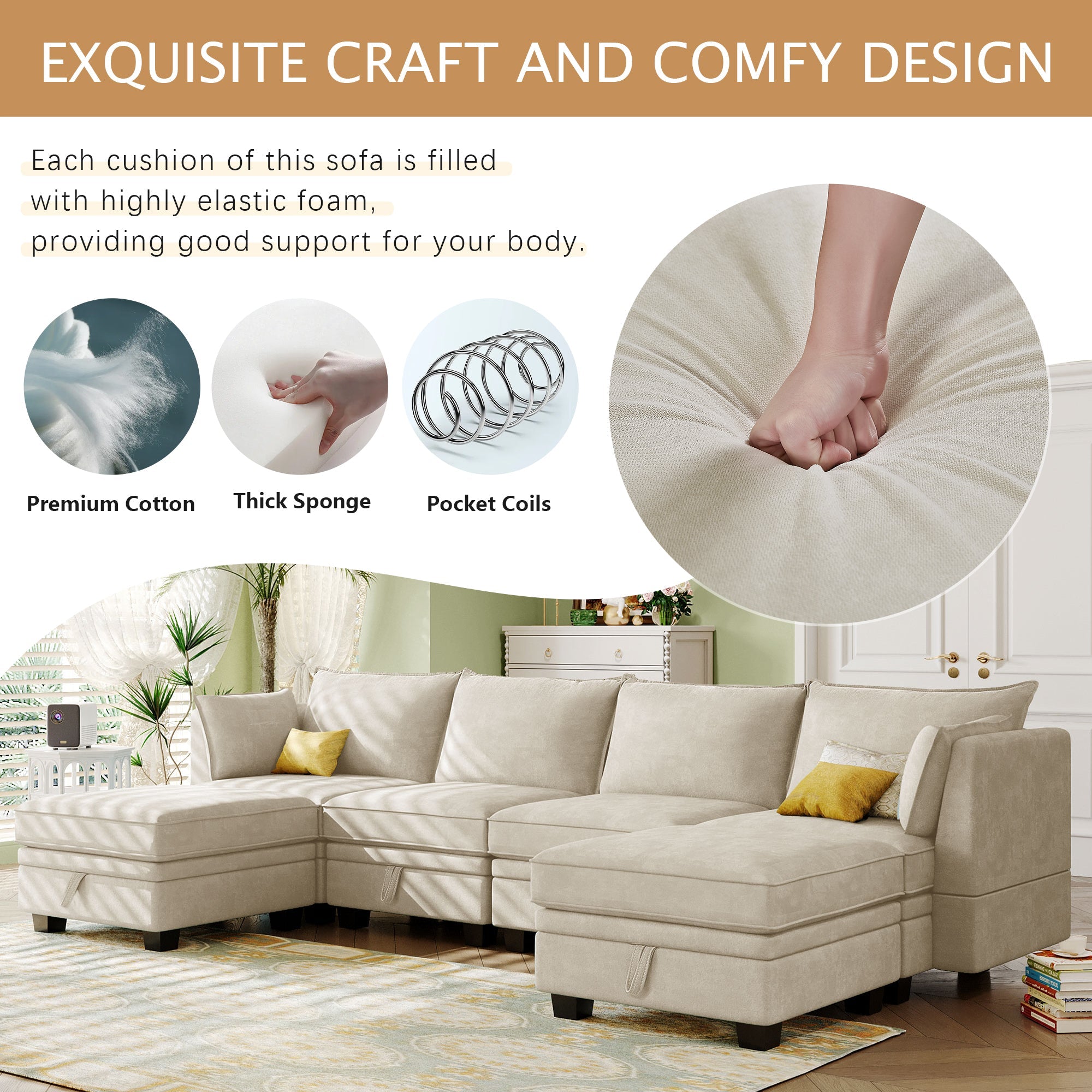 Canapé-lit modulable moderne en forme de U avec rangement et pouf