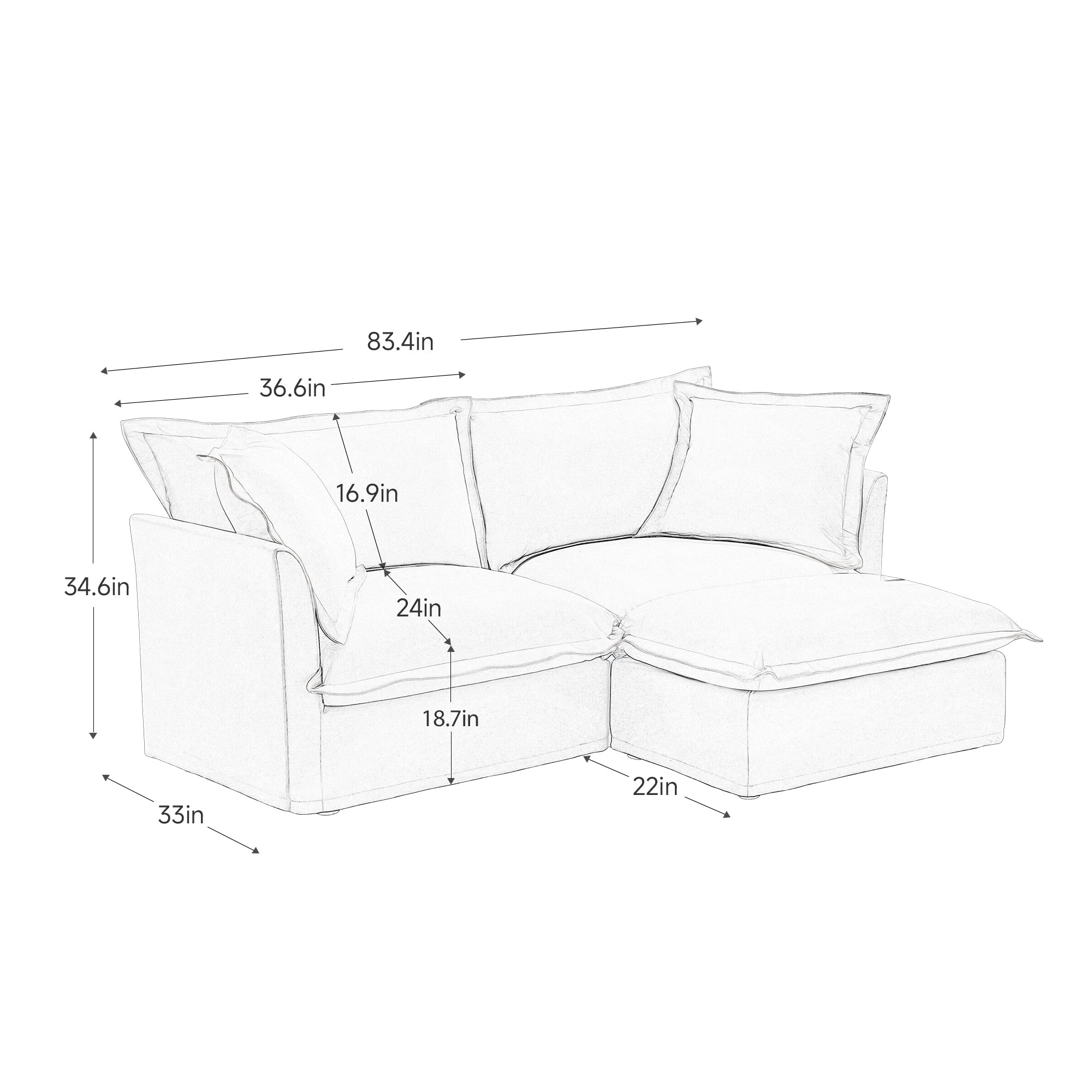 Walker Edison | Canapé deux places noir à assise large et profonde, déhoussable, avec pouf 